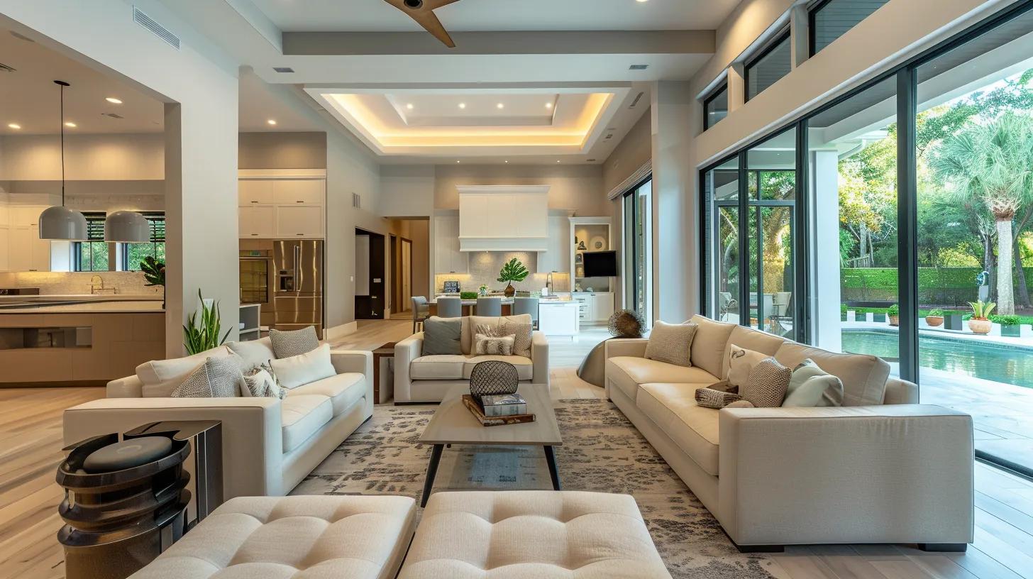 a modern tampa home interior showcases a sparkling clean living room with stylish furniture and gleaming surfaces, reflecting the professionalism and efficiency of home cleaning services.