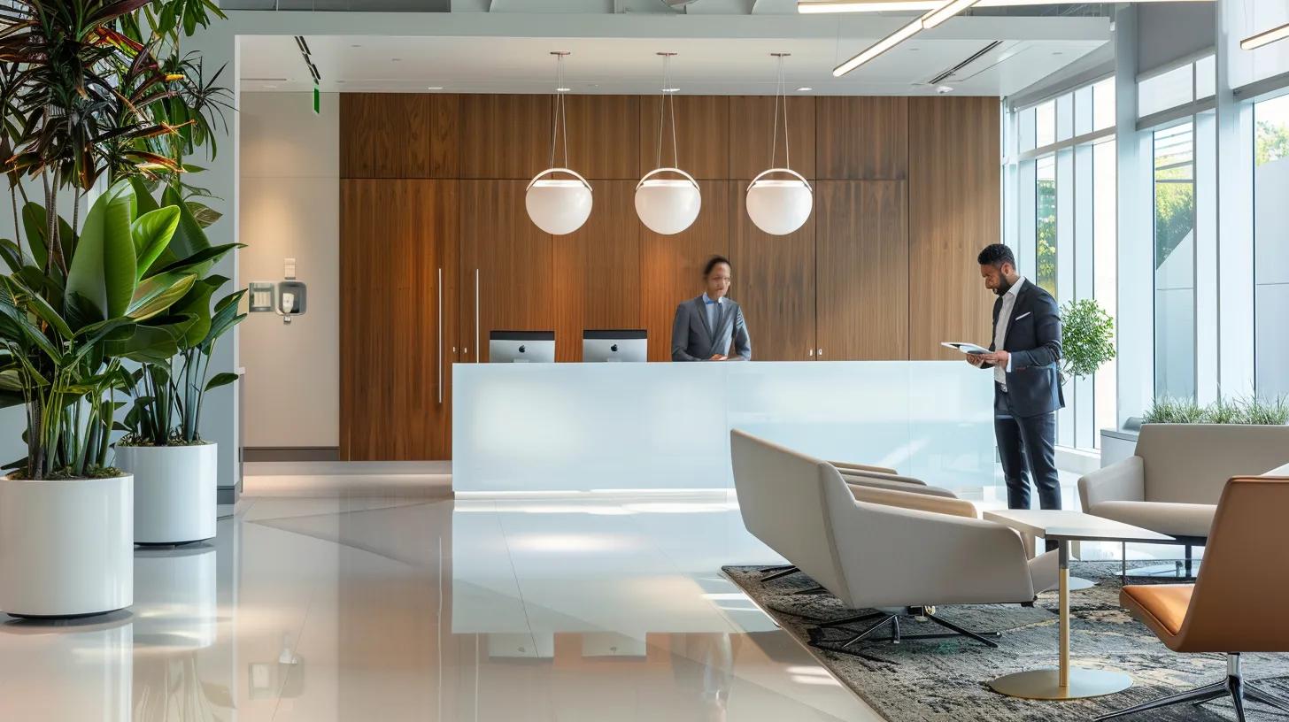 a sleek office reception area features a well-dressed professional reviewing customer testimonials on a tablet, surrounded by vibrant, modern decor reflecting a high standard of cleaning services in an urban environment.