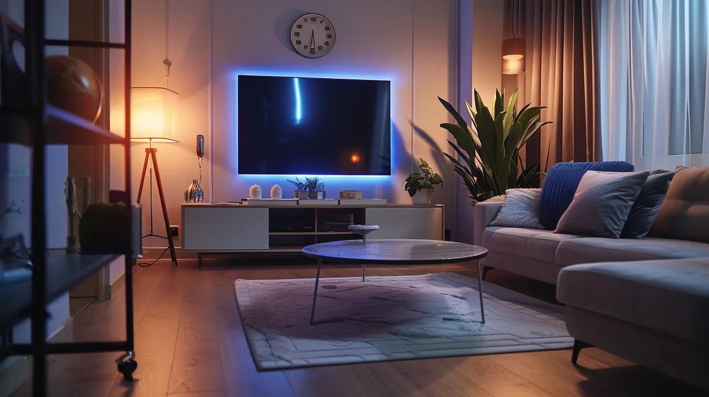 a sleek, modern living room is meticulously organized with sparkling surfaces and pristine decor, showcasing the transformative effect of hiring a professional cleaning service, while a digital clock in the background indicates saved time.