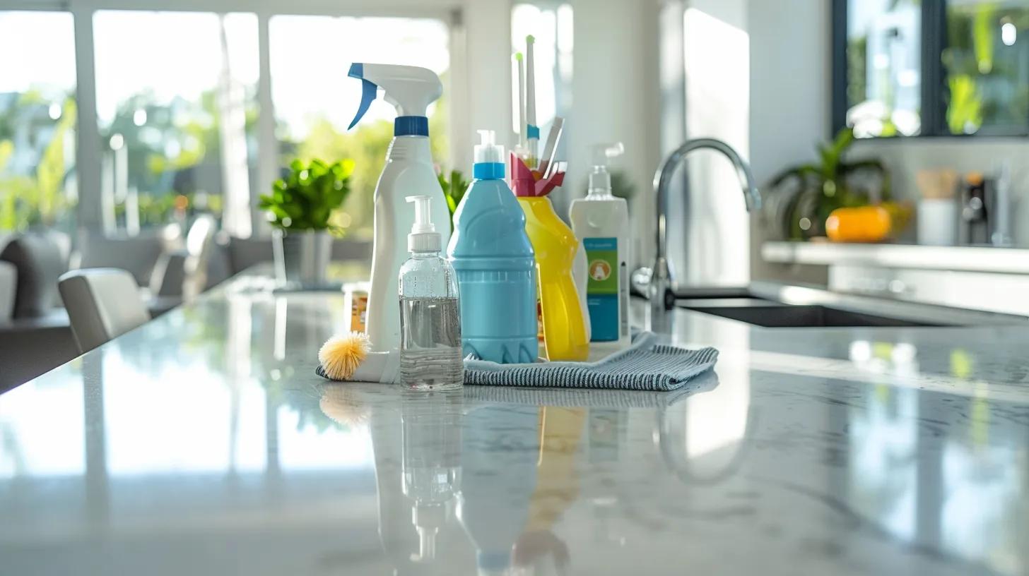 a sleek, modern tampa apartment kitchen showcases an array of professional cleaning supplies neatly arranged on the counter, highlighting the transformation achieved through dedicated home cleaning services with sparkling surfaces and polished fixtures.